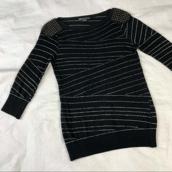 AX Armani Exchange Sweater Women’s M Studded Shoulders Metallic Stripes Designer - Picture 6 of 10